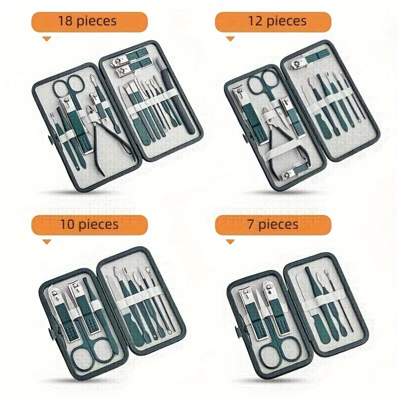 7/10/12/18 Peças Kit Manicure Profissional em Aço Inox – Estojo de Luxo