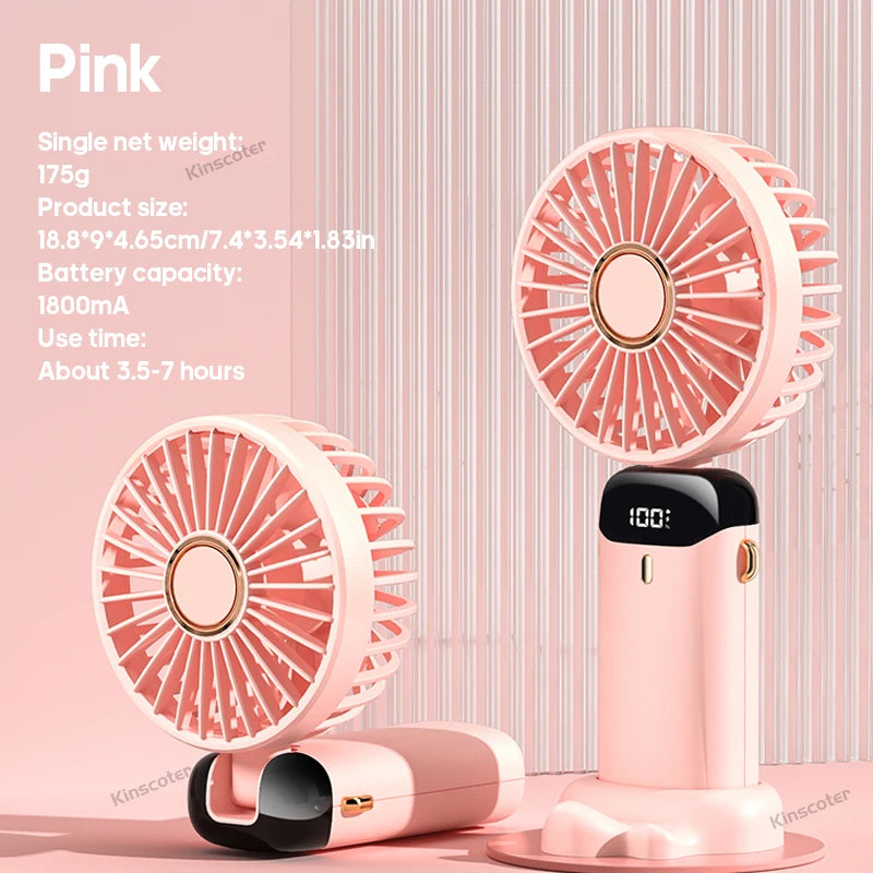 Mini Ventilador Digital 5 Velocidades: Display LED, Power Bank e Suporte para Celular