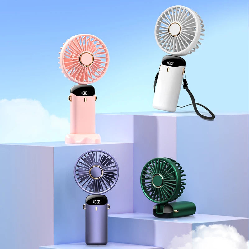 Mini Ventilador Digital 5 Velocidades: Display LED, Power Bank e Suporte para Celular